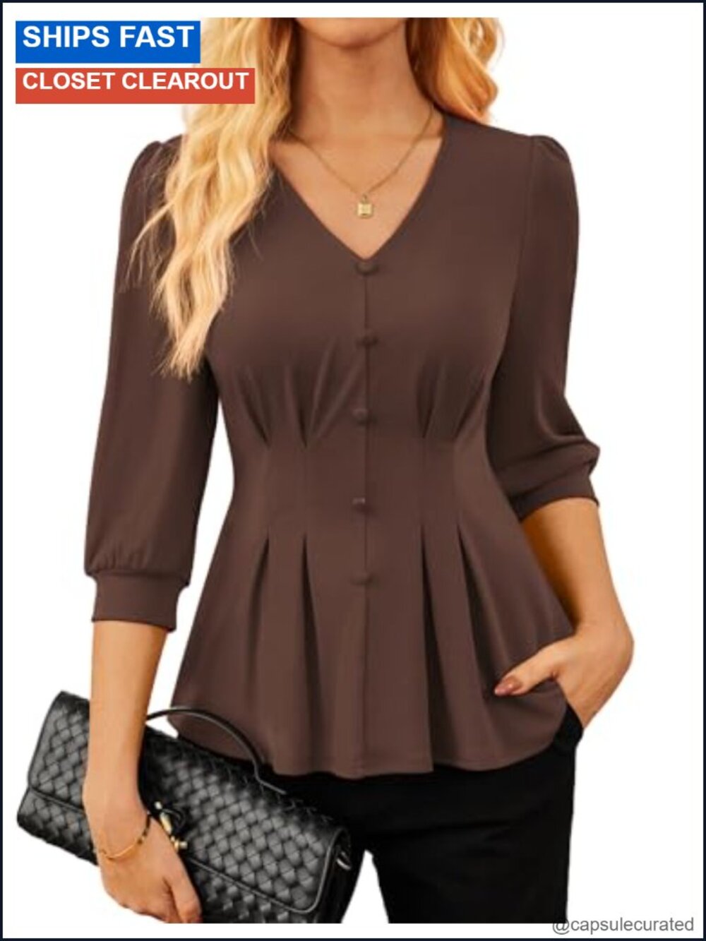 Women's Peplum Blouse 3/4 Sleeve V-Neck Office Business Casual Top